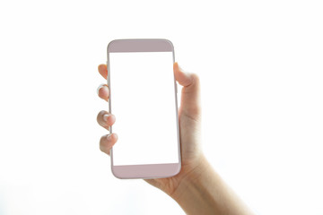 hand holding smartphone mobile and touching screen isolated on white background