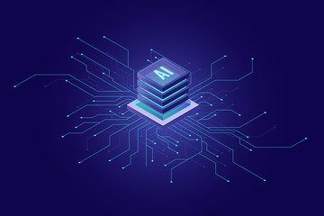 Artificial Intelligence banner, big data, cloud computing, machine learning, information mining concept isometric icon