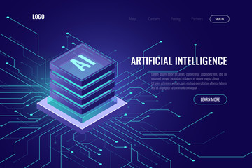 Artificial intelligence icon AI, isometric cloud computing concept, data mining, isometric, neural network, machine programming