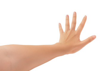 Human hand in forefinger pointer, touch, strike slightly or command gesture isolate on white...