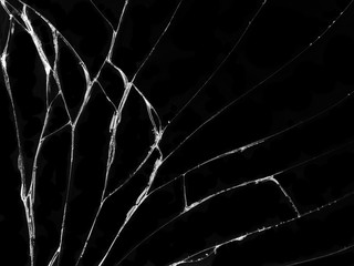 Cracked glass texture on black background. Isolated realistic cracked glass effect.