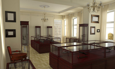 museum, exhibition hall, interior visualization, 3D illustration