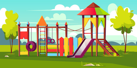 Vector bright playground for children at park. Game area with ropes, slide, housetop on green grass, color background. Cartoon construction for kids recreation. Colorful object for amusement.