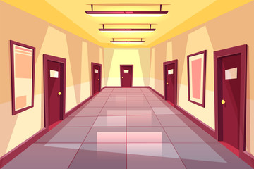 Vector cartoon hallway, corridor with many doors - college, university or office building. The bright place with illumination from electric lamps. Interior concept, architecture background.