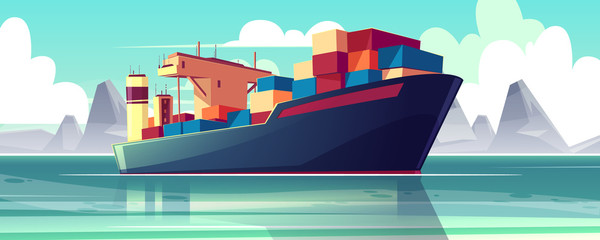 Vector illustration with a dry-cargo ship at sea, ocean. Commerce shipping, delivery of goods. Cartoon bulk-carrier on mountain background. Nautical boat, a marine vessel with metal containers. © vectorpouch