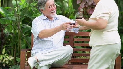 Senior couple sitting and drinking red wine together in home garden. Retired old Asian male and female, wife bring wine glass to husband, happy smile. Senior lifestyle concept. - Powered by Adobe