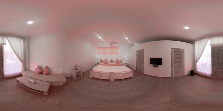 vr360 bedroom interior with large bed in luxury hotel. Hotel room Interior travel concept.