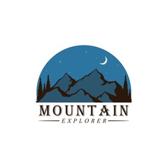 Forest, Mountain Adventure at Night Badge Vector Logo, Sign, Icon Template
