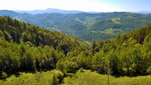 Aerial view of forested mountain and valley. FullHD 1080p.