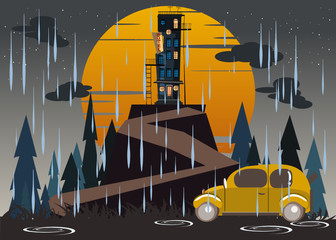 spooky hotel in rain on mountains vector illustration 
