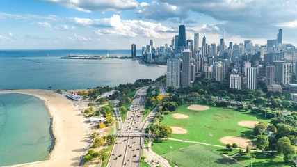 Stof per meter Chicago skyline aerial drone view from above, lake Michigan and city of Chicago downtown skyscrapers cityscape from Lincoln park, Illinois, USA   © Iuliia Sokolovska