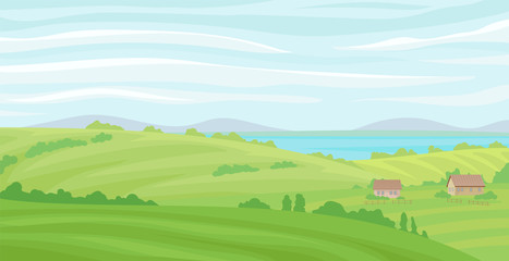 Summer rural landscape, meadow with green grass and river, agriculture and farming vector Illustration on a white background