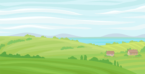 Obraz premium Summer rural landscape, meadow with green grass and river, agriculture and farming vector Illustration on a white background