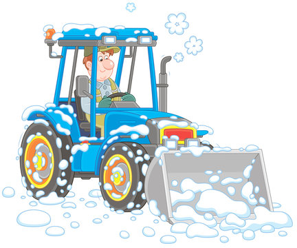 Smiling worker driving his wheeled tractor grader with a bucket and cleaning snow after snowfall, vector illustration in cartoon style