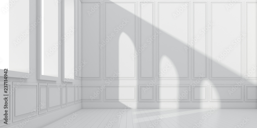 Poster 3d stimulate of empty white room with wood plank floor and sun light cast the arch window shadow on 