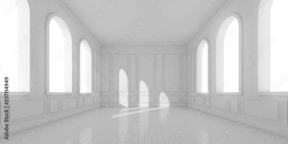 Aufkleber 3d stimulate of empty white room with wood plank floor and sun light cast the arch window shadow on 
