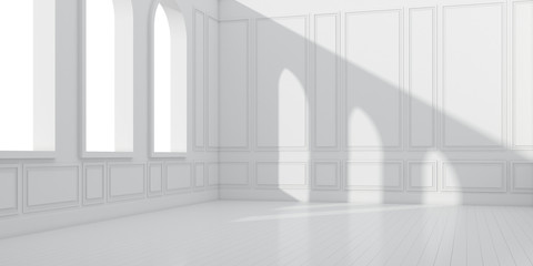 3D stimulate of empty white room with wood plank floor and sun light cast the arch window shadow on...