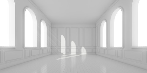 3D stimulate of empty white room with wood plank floor and sun light cast the arch window shadow on the classic wall,Perspective of minimal design architecture,3d rendering	