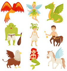 Mythical fairy tale creatures set, Centaur, Pegasus, Griffin, Medusa Gorgon, Mermaid, Dragon, Flaming Phoenix bird vector Illustration