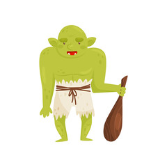Orc monster with a wooden club, mythical fairy tale creature vector Illustration on a white background
