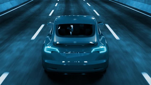 Modern Electric car rides through tunnel with warm yellow light 3d rendering