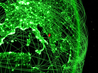 Montenegro on green planet Earth with network. Concept of connectivity, travel and communication.