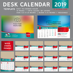 Desk calendar template for 2019 Year. Design Template. Week starts on Monday. Vector Illustration.