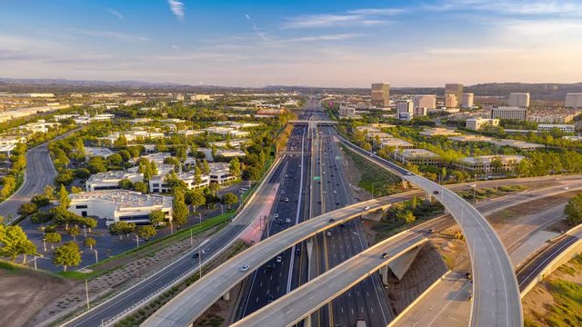 Aerial view from above freeway in Irvine, Orange County California on sunny day