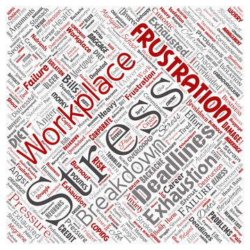 Vector conceptual mental stress at workplace or job pressure human square red word cloud isolated background. Collage of health, work, depression problem, exhaustion, breakdown, deadlines risk