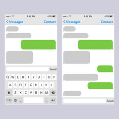 Virtual key board for mobile phone with place for text chat text boxes. Keypad alphabet and numbers. Mockup keypad for a touchscreen device.