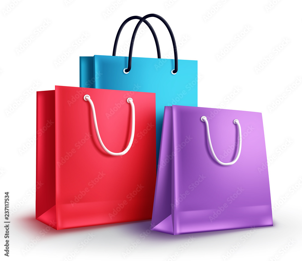 Wall mural Colorful shopping bags vector illustration. Group of empty paper bags with different colors isolated in white for shopping design elements.