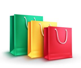 Shopping bags group vector illustration. Colorful assorted empty paper bags for shopping and market sale elements isolated in white.