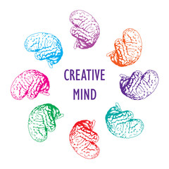 Colorful brains on a circle background. Creative mind bright vector illustration.