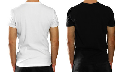 A man in an empty clean white and black t-shirt. Rear view. Isolated on white background