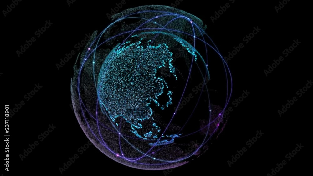 Wall mural Global Network Connected. Digital technology connection of the Earth with orbiting satellites. Loop seamless. Global Network Connected.