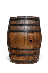 Wooden barrel with iron rings. Isolated on white background.