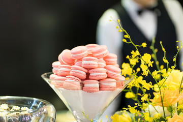 pink macarons on a white plate with yellow flower