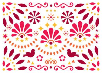 Mexican traditional folk art vector geometric pattern with flowers and birds, orange and red greeting card or invitaion design inspired by traditional art from Mexico