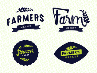 Farmers market logos templates vector objects set. Trendy label retro style illustration, farm natural organic products food. Farm, agriculture symbol. Lettering, calligraph.