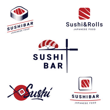 Sushi Bar Logos Templates Set. Vector objects and Icons for Restaurants of Japanese Food and Rolls with salmon Emblems Graphics.