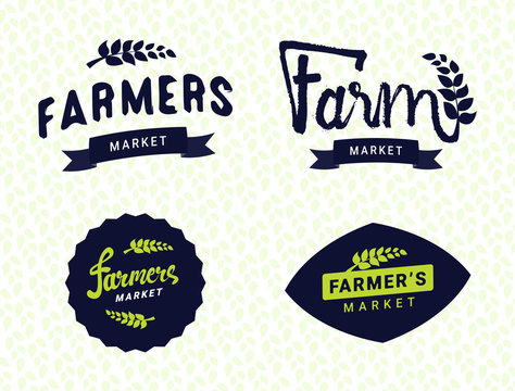 Farmers market logos templates vector objects set. Trendy label retro style illustration, farm natural organic products food. Farm, agriculture symbol. Lettering, calligraph.