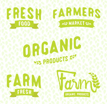 Farmer's market logos templates vector objects set. Vector food labels for vegetarian restaurant, cafe, bakery menu. Fresh Natural Organic Food. Lettering, calligraphy