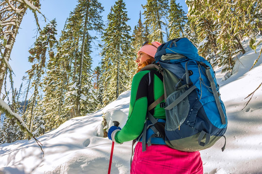 Woman skier freeride skitur uphill in snow in winter forest