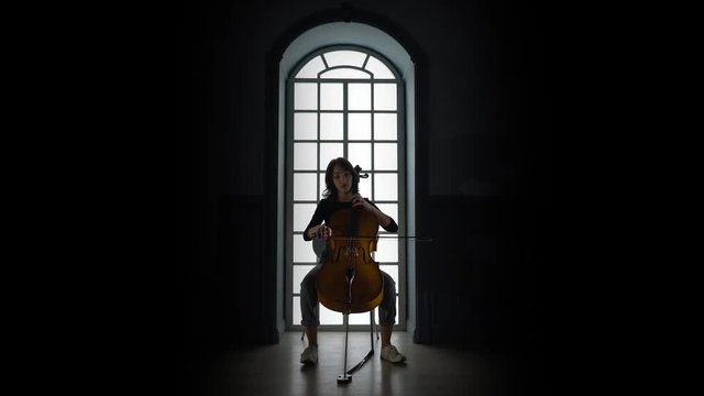 Girl playing on Cello a musical composition in the evening against the window