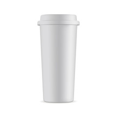 Tall disposable coffee cup mock up with lid isolated on white background. Vector illustration