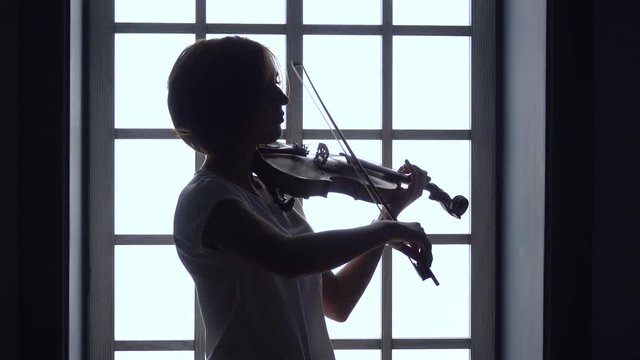 Against the background of a window girl plays the violin . Silhouette