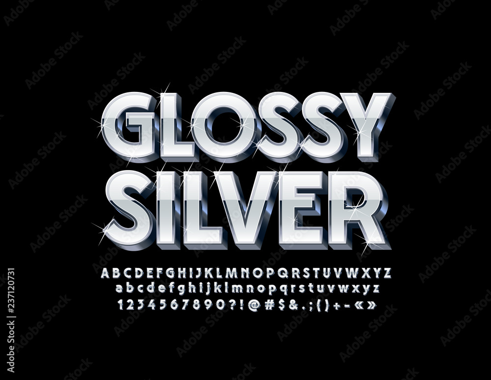 Fototapete silver glossy 3d font with sparkling stars. vector set of stylish alphabet letters, numbers and symb