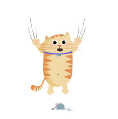 Vector illustration of cute cartoon ginger cat frightened by mouse