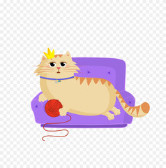 Princess cat lying on the sofa with red ball in paws and crown on head clip art