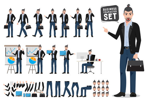 Business man vector character set. Male creative designer or artist holding briefcase with different poses for business presentation. Vector illustration.